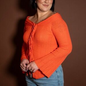 Orange Knit Tie Front Lightweight Sweater